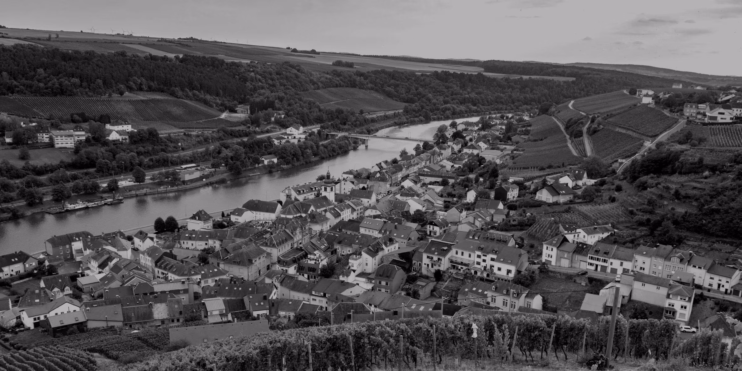 The Moselle village of Wormeldange and its vineyards, seen from the Koeppchen chapel.