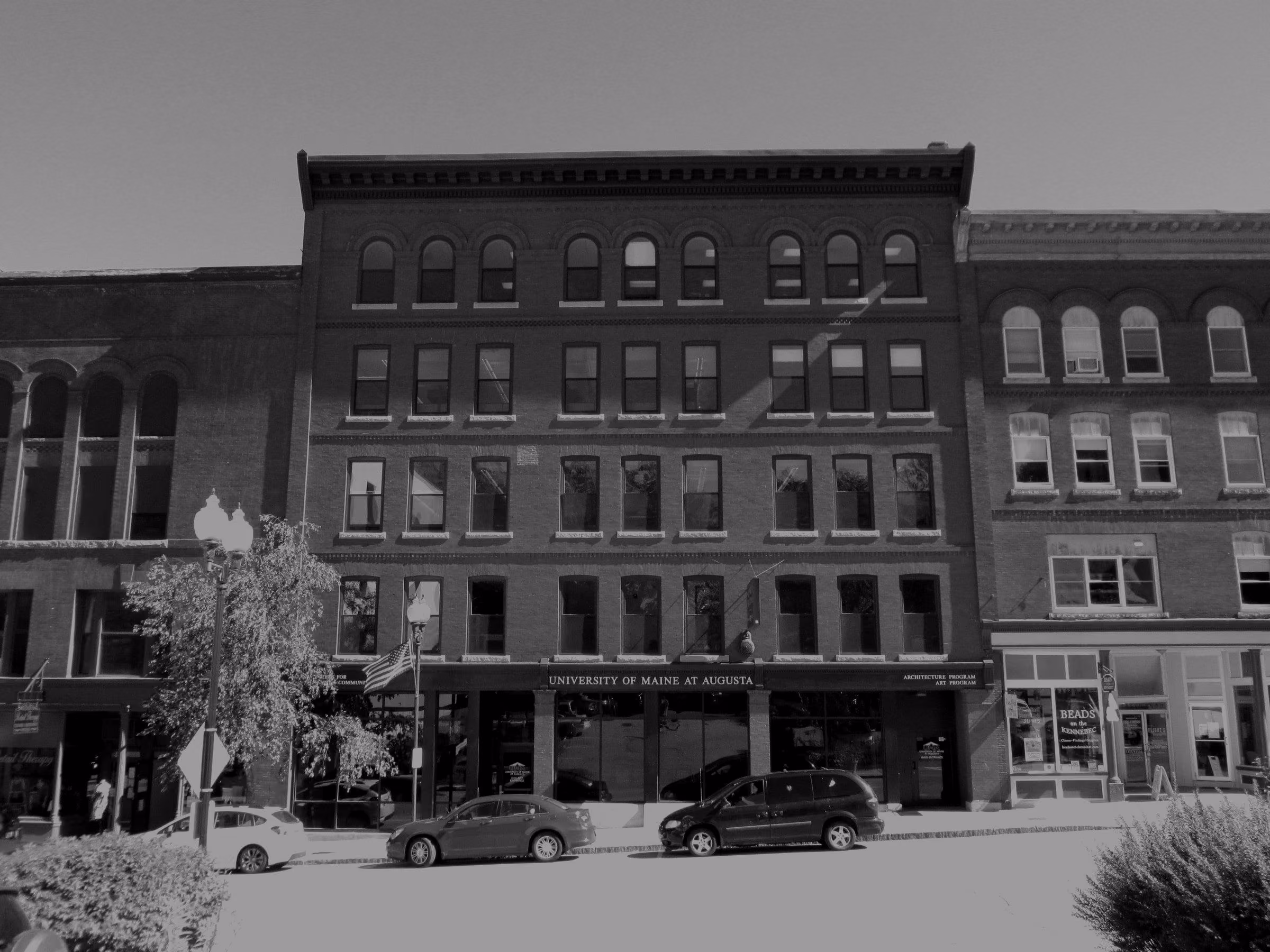 Brick commercial buildings along Water Street in downtown Augusta.
